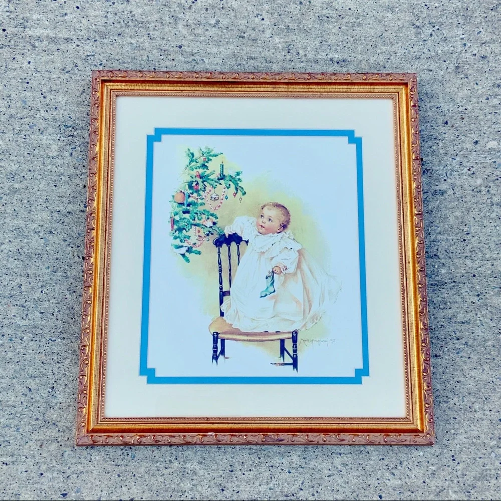 Vintage Maud Humphrey Baby’s first Christmas framed print tree gold frame